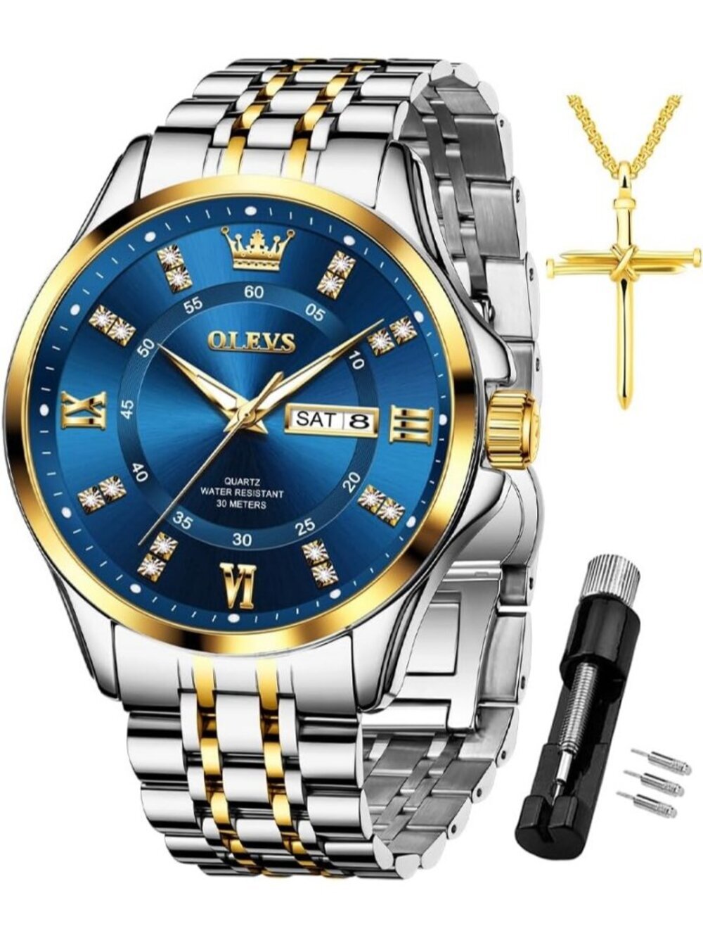 Men's Silver Blue Face Diamond Stainless Waterproof Luminous Analog Luxury Watch - Picture 1 of 6